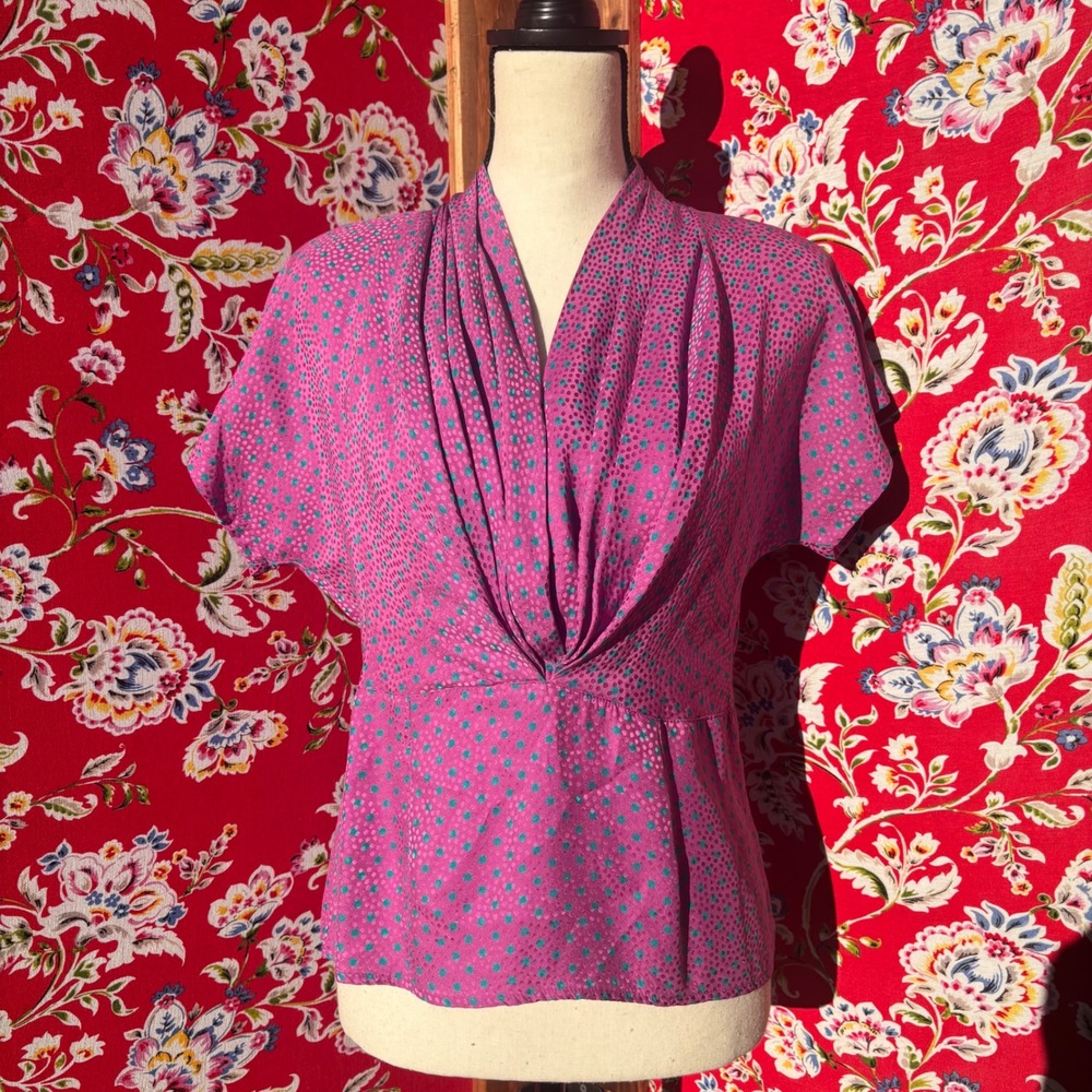 VTG 100% Silk Structured Purple Turquoise Polka Dot Artsy Chic Blouse Size S-M